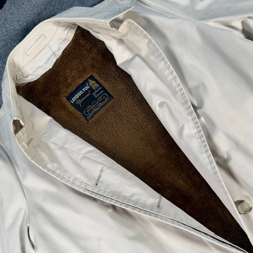London Fog Maincoats Trench Coat Beige Tan Zip Out Faux Fur Liner Mens 14 Petite